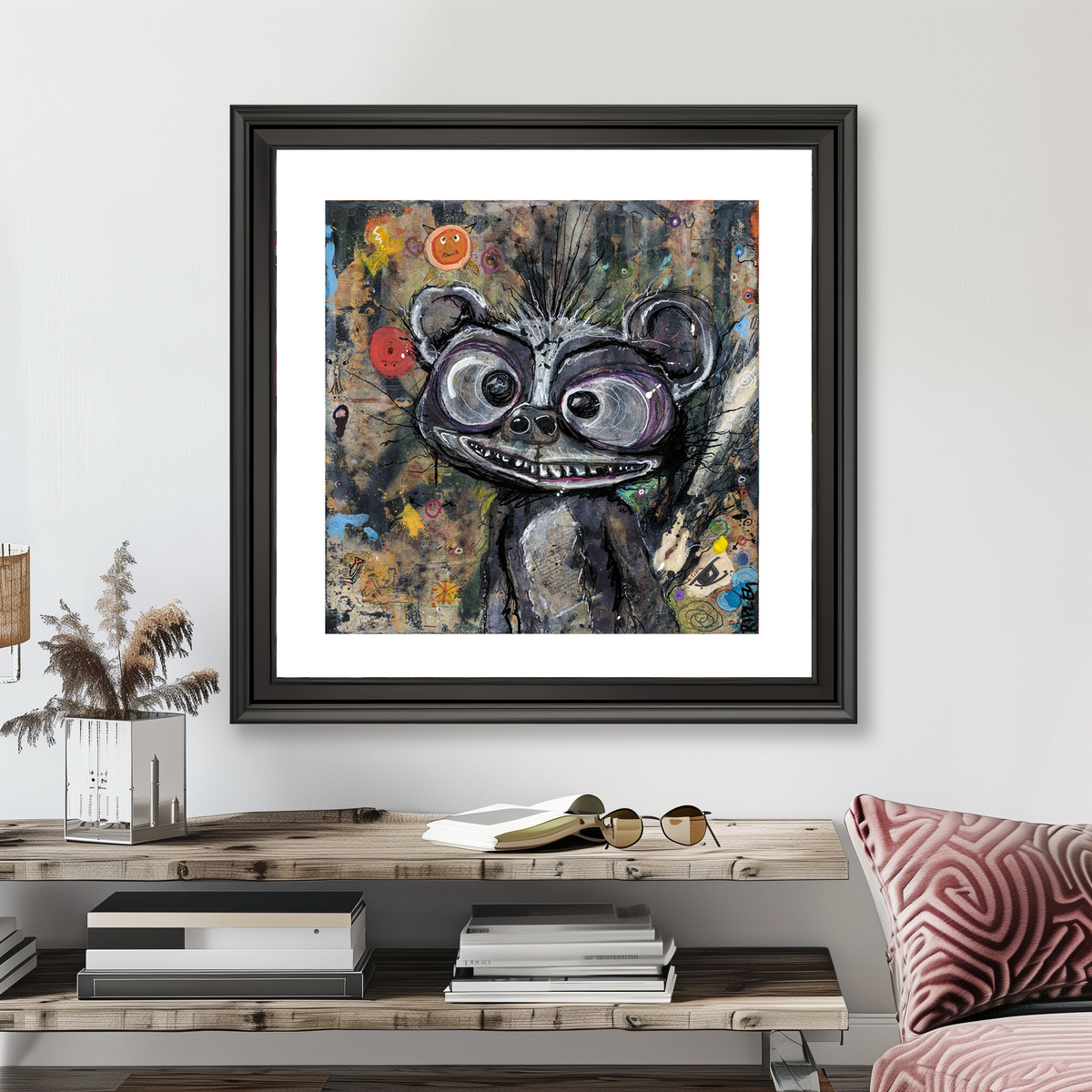 A framed square art print featuring a stylized cartoon skunk with large eyes and a wide grin, hung on a light gray wall above a wooden console table in a styled interior setting.