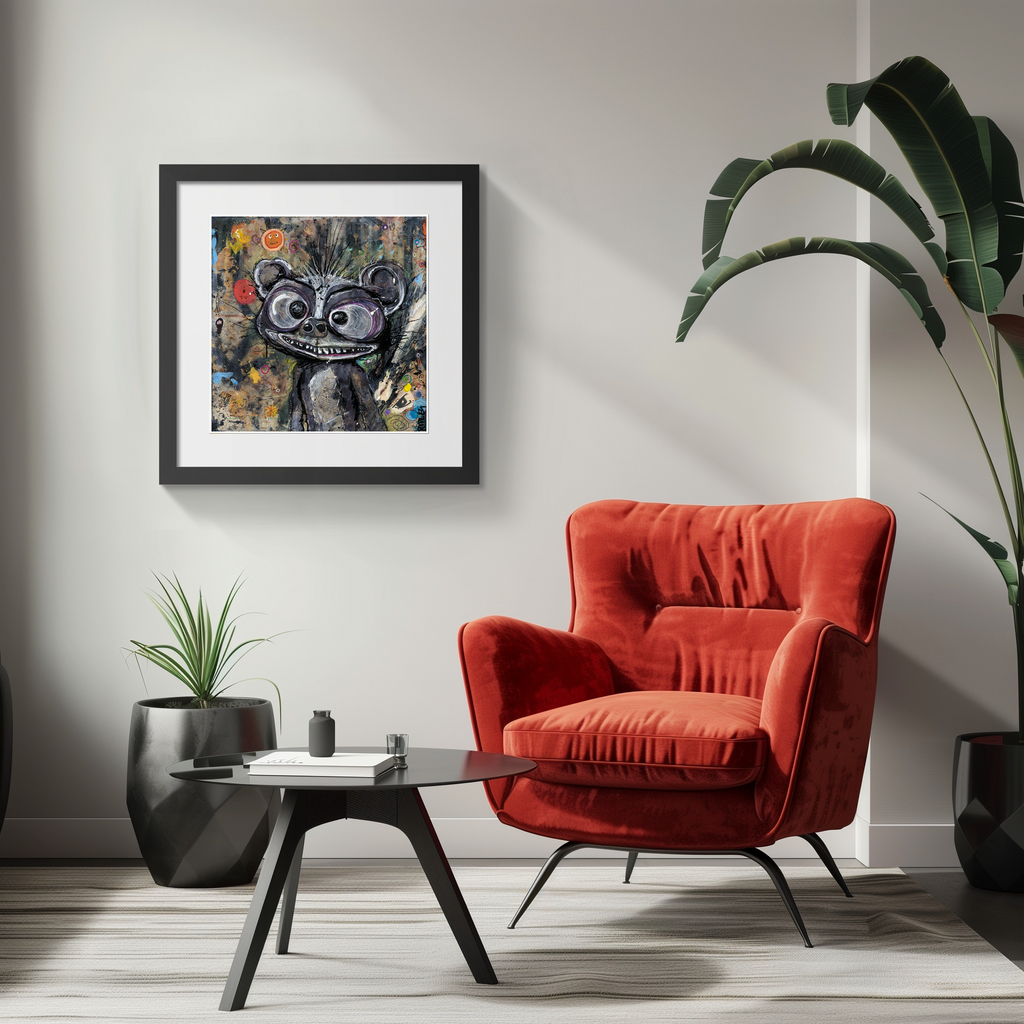 A framed art print featuring a whimsical cartoon skunk , styled in a modern living room setting with a red velvet armchair, a small black coffee table, and potted plants.