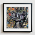 A framed art print featuring a whimsical, textured painting of a cartoon-like skunk with large eyes and a toothy grin, set against a dark, abstract background. The artwork is presented in a black frame with a white mat board, mounted on a light gray wall.