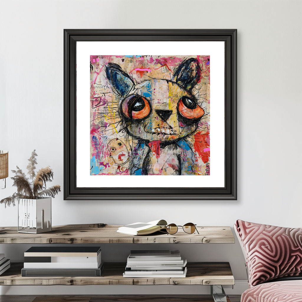 Framed wall art featuring a colorful abstract teddy bear portrait with large orange eyes, displayed above a console table in a styled living room setting.