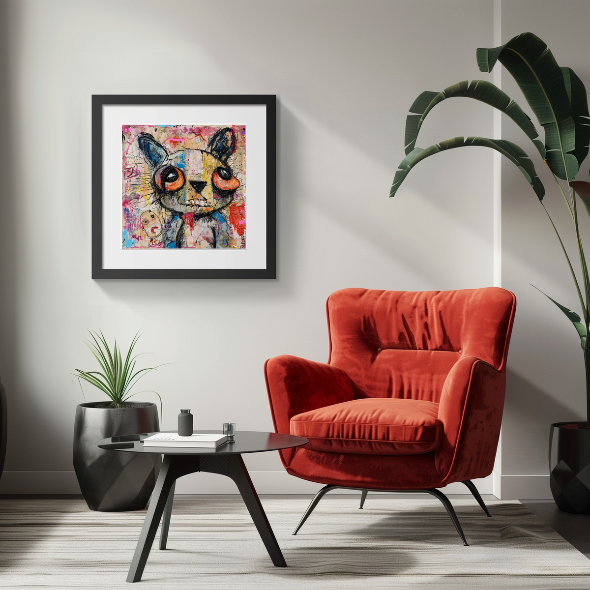 A framed art print of a colorful teddy bear hanging on a light gray wall in a modern living room setting with a red velvet armchair, a small black coffee table, and potted plants.