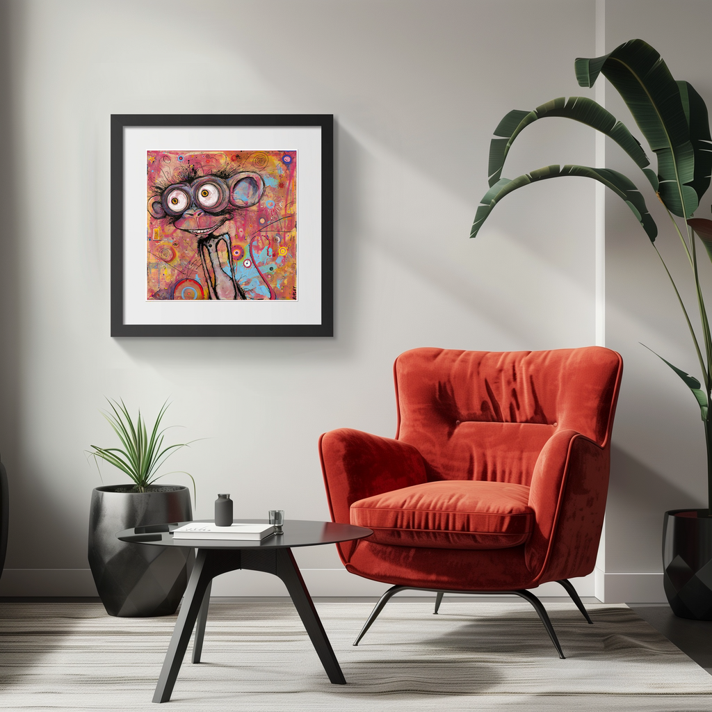 A framed colorful abstract art print featuring a stylized cartoon face is displayed on a light gray wall in a modern living room setting with a red velvet armchair, a small black coffee table, and potted plants.