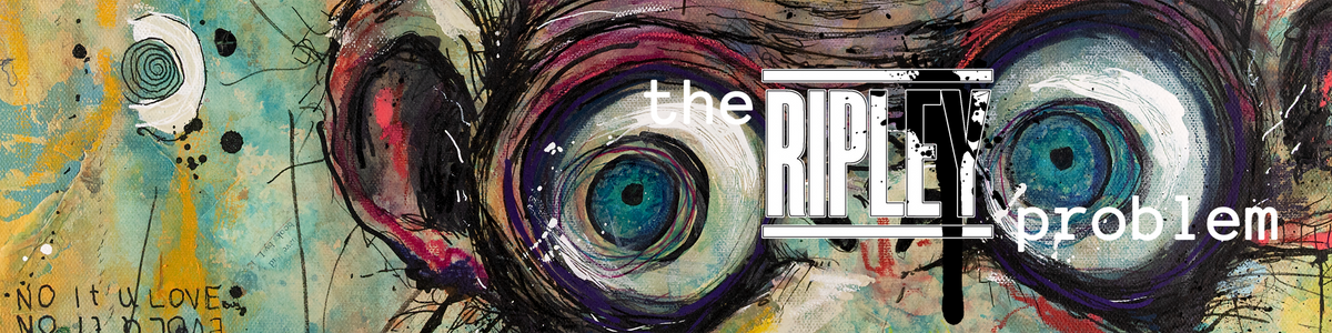 An abstract art print or poster featuring a close-up of stylized eyes with blue irises, surrounded by expressive black, red, white, yellow, and teal paint strokes. The text 'the RIPLEY problem' is overlaid across the center.