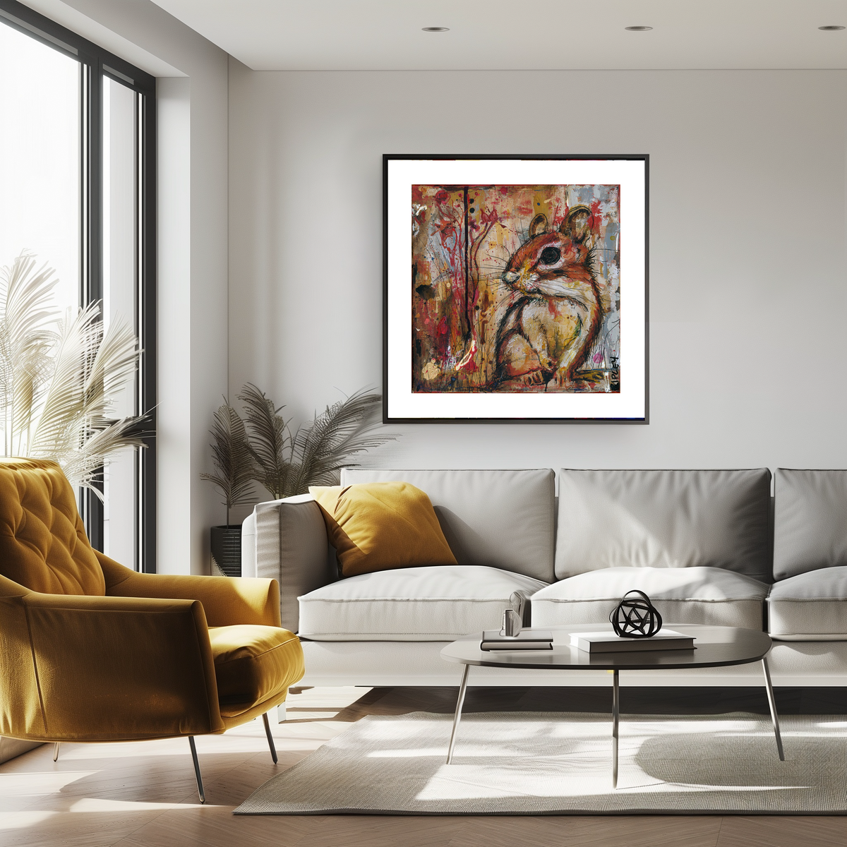 A framed abstract painting of a chipmunk hangs on a light gray wall above a modern gray sofa in a bright, contemporary living room with a mustard yellow armchair and a glass coffee table.