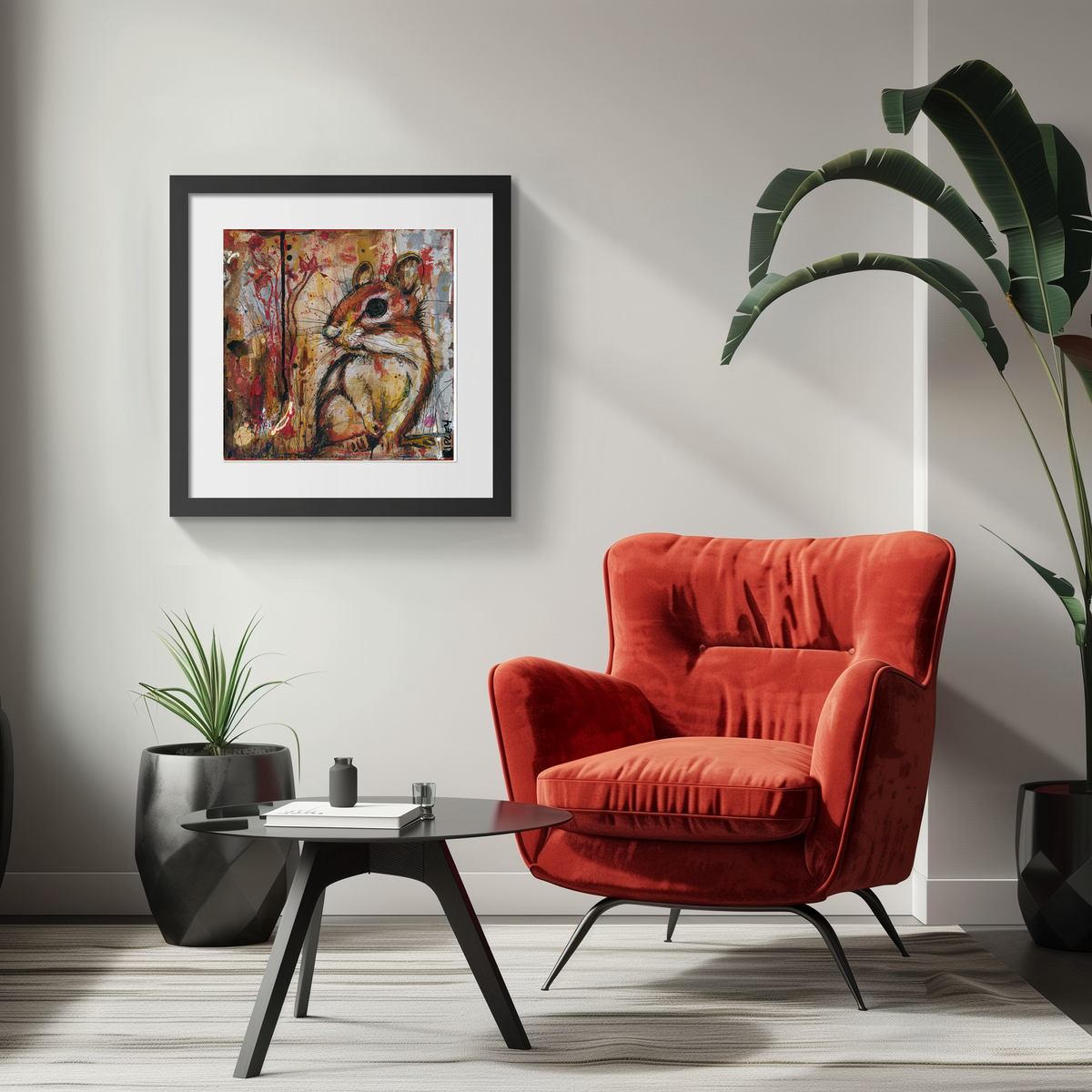 A framed abstract art print featuring a stylized chipmunk in warm earthy tones, displayed on a light gray wall in a modern living room setting with a red velvet armchair, a black coffee table, and potted plants.