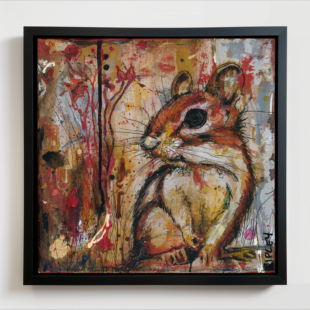 Framed square wall art featuring an expressive painted chipmunk with warm brown, beige, red, black, and gray tones, shown hanging against a light neutral wall.