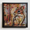 Framed square wall art featuring an expressive painted chipmunk with warm brown, beige, red, black, and gray tones, shown hanging against a light neutral wall.
