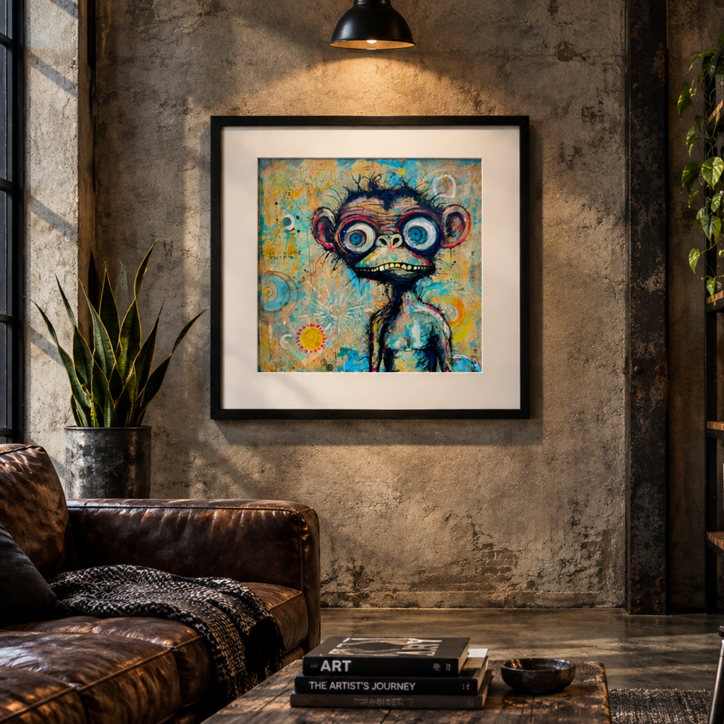 A framed colorful painting of a cartoon monkey with large blue eyes hangs on a textured concrete wall in a loft-style living room with a brown leather sofa and shelving.