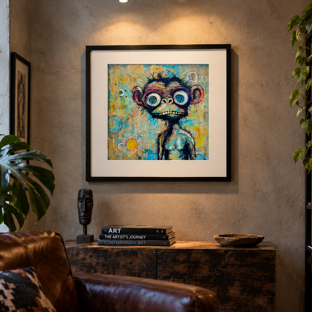 A framed colorful painting of a monkey with large blue eyes hangs on a textured beige wall in a styled living room with a leather sofa, plants, and a bookshelf.