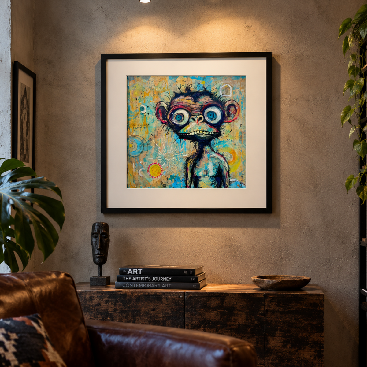 A framed colorful painting of a monkey with large blue eyes hangs on a textured beige wall in a styled living room with a leather sofa, plants, and a bookshelf.