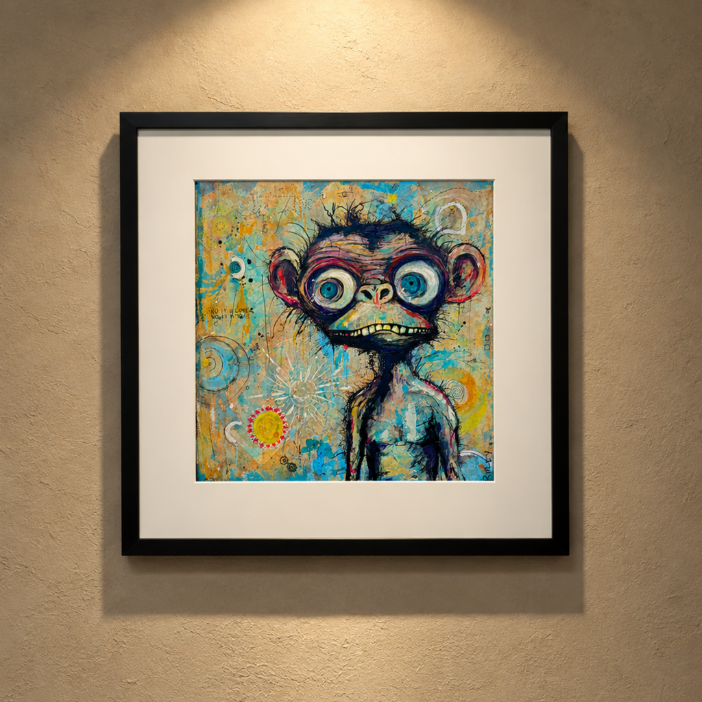 A framed art print featuring a stylized, expressive monkey portrait with large blue eyes and a wide grin, set against a textured background of yellow, blue, and orange tones. The artwork is presented in a black frame with a white mat, hanging on a textured beige wall under a warm spotlight.