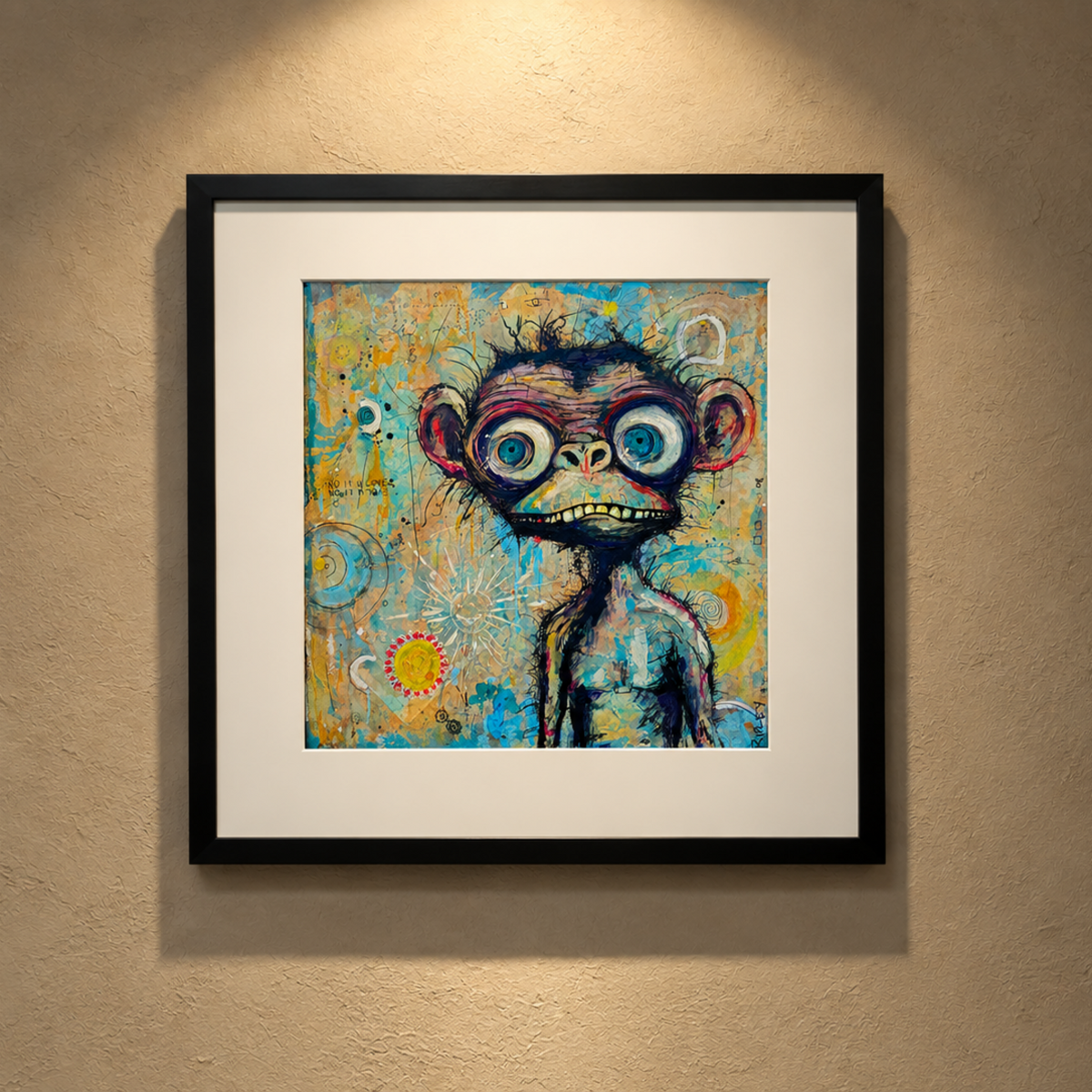A framed art print featuring a stylized, expressive monkey portrait with large blue eyes and a wide grin, set against a textured background of yellow, blue, and orange tones. The artwork is presented in a black frame with a white mat, hanging on a textured beige wall under a warm spotlight.