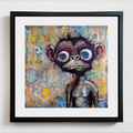 A framed abstract art print featuring a stylized, furry chimpanzee with large blue eyes and a wide grin, set against a colorful background of yellow, blue, and orange tones. The artwork is matted in white and enclosed in a black frame, hanging on a light gray wall.