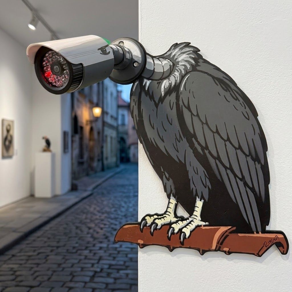“Perch of Observation by Ripley, a dark bird with a security camera for a head, perched on a branch beside a cobbled alley.” A wall-mounted sculpture of a vulture perched on a brown branch, with a security camera attached to its neck, shown against a white wall with a blurred street scene in the background.